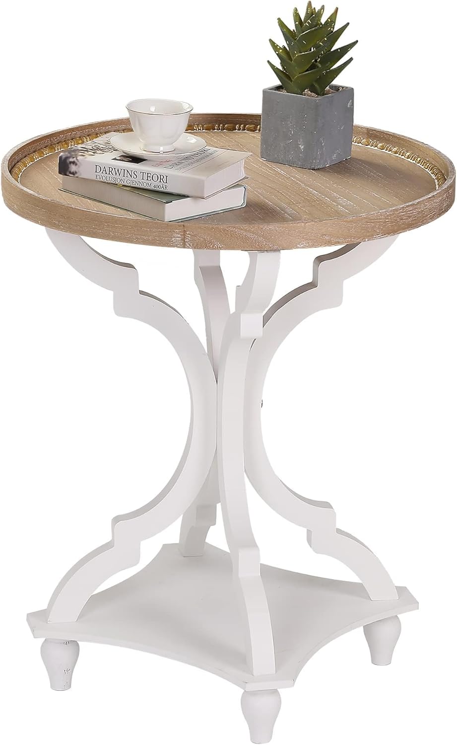 Wnutrees Farmhouse Round Accent End Table, Rustic Side Table Nightstands for Living Room, Wood Tray Top, Handcrafted Finish, White No Power strip White 1
