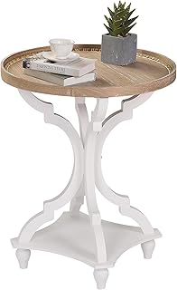 Wnutrees Farmhouse Round Accent End Table, Rustic Side Table Nightstands for Living Room, Wood Tray Top, Handcrafted Finish, White
