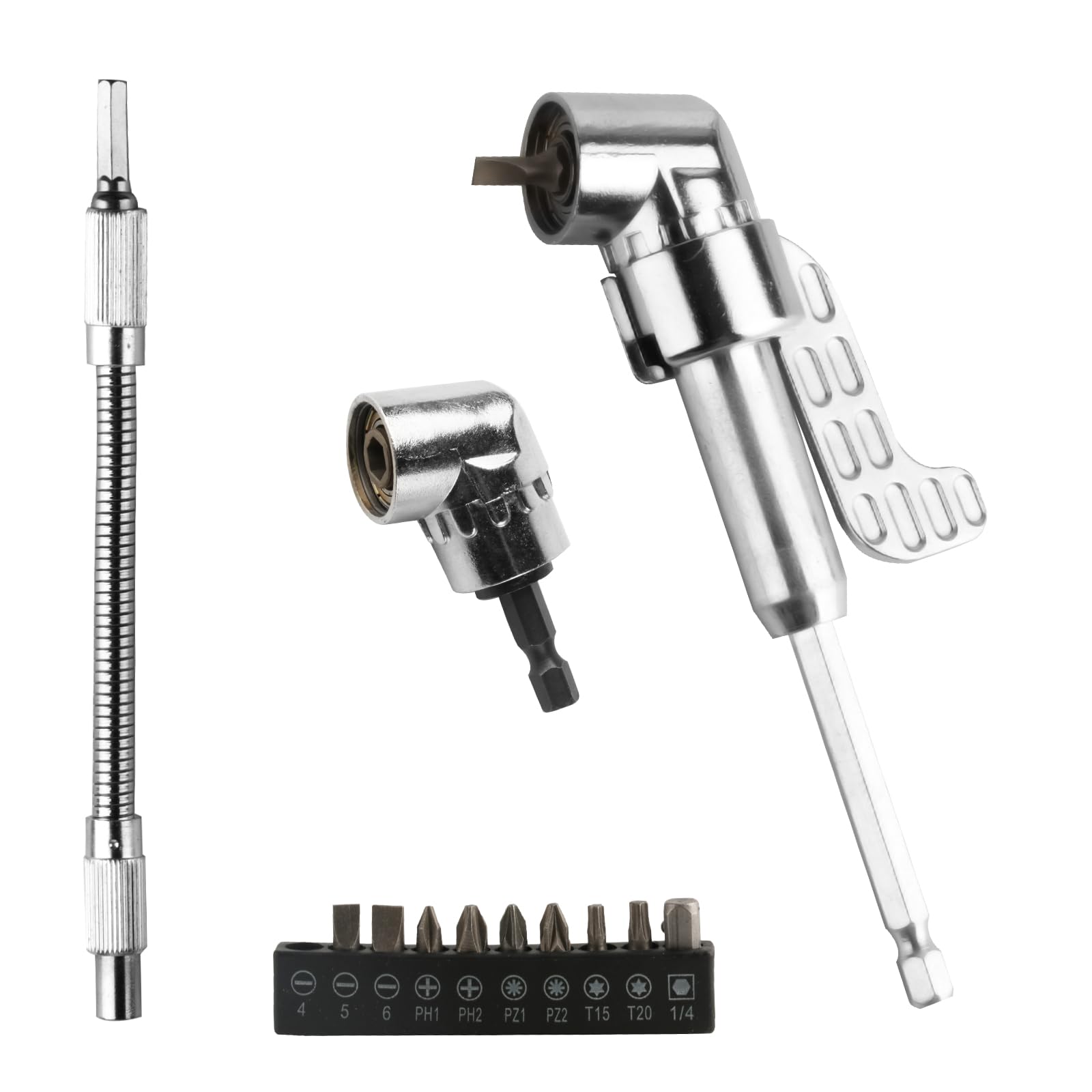 2 fixations pour perceuse à angle droit, 90 degrés 105 degrés à angle droit set d'adaptateurs pour perceuse hexagonale de 1/4 pouce, pour perceuses à piles tournevis (1 court, 1 longue), + 1 barre de