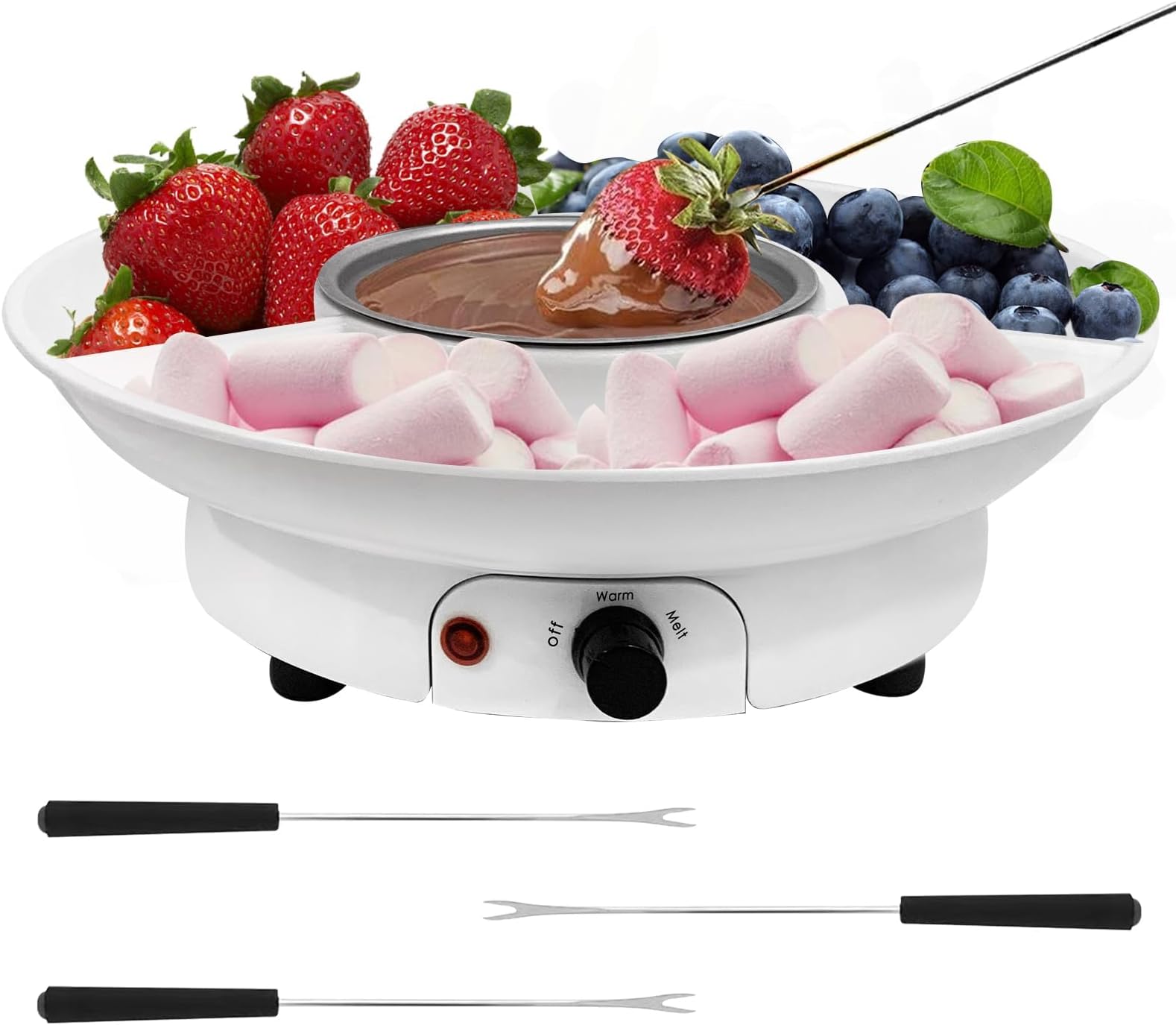 THE WHITE SHOP Fondue Pot Chocolate Fondue Maker - Deluxe Electric Dessert Fountain Fondue Pot Set With Party Serving Tray And 25 Forks, Best Gift Idea For Valentine’s Day And Birthdays, Color