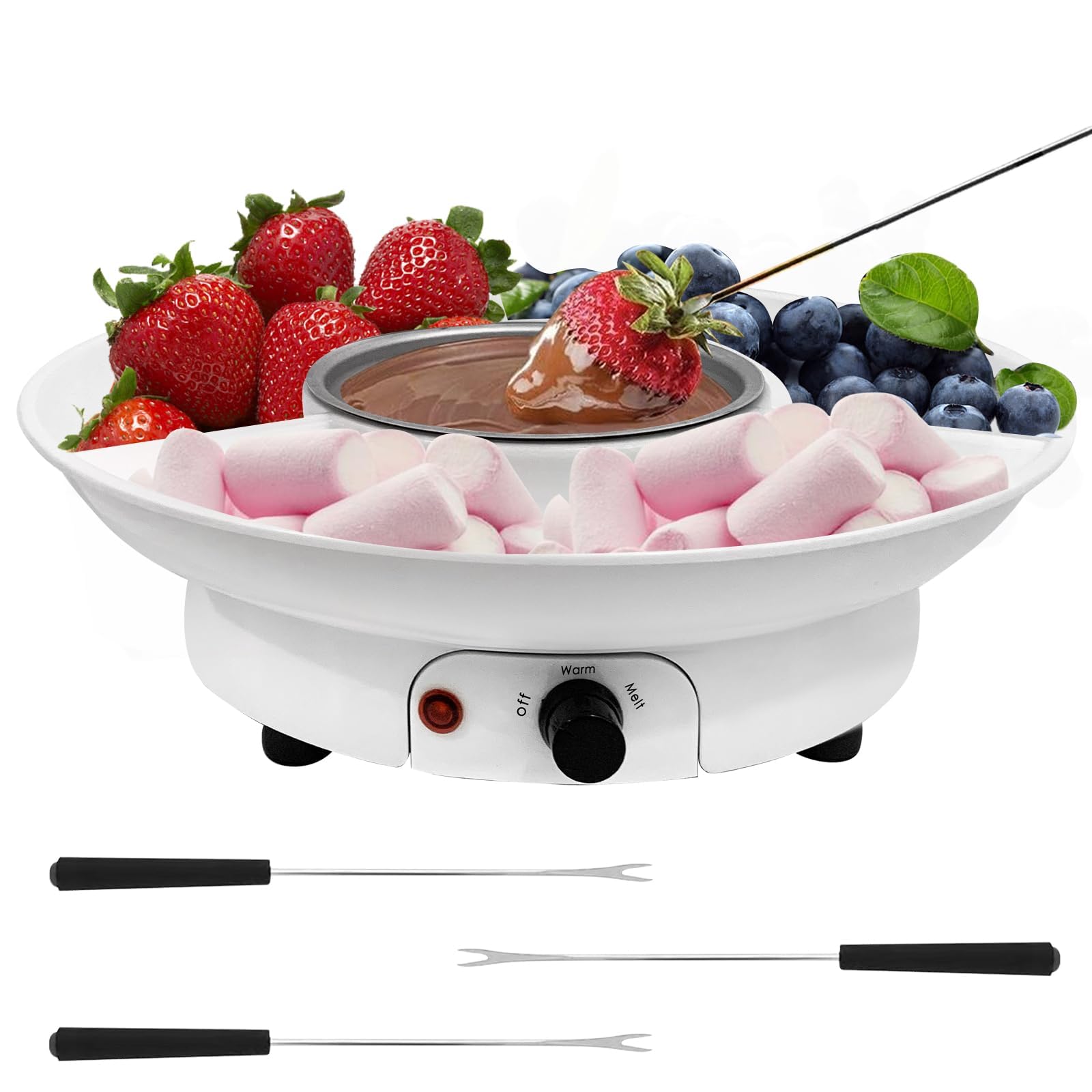 THE WHITE SHOP Fondue Pot Chocolate Fondue Maker - Deluxe Electric Dessert Fountain Fondue Pot Set With Party Serving Tray And 25 Forks, Best Gift Idea For Valentine’s Day And Birthdays, Color