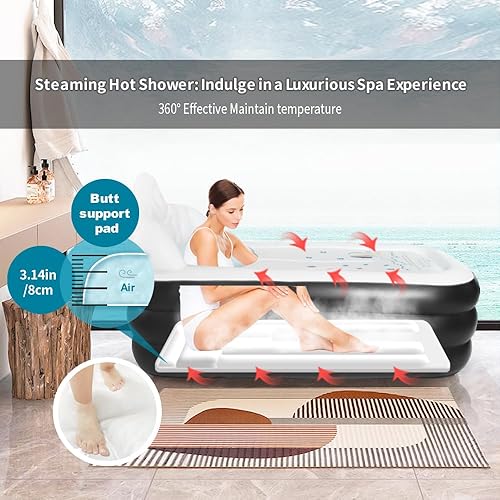 Miniatura 4 de Bañera inflable con bomba y almohada de baño, bañera de hidromasaje plegable independiente para exteriores e interiores, con cubierta de drenaje,