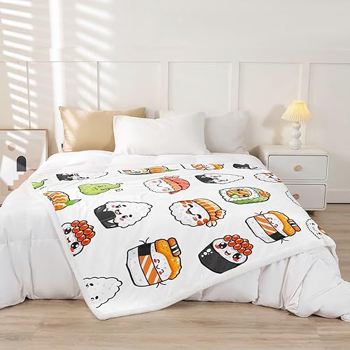 Miniatura 2 de Manta con patrón de sushi de forro polar de estilo japonés para cama, sofá, niños, manta Kawaii con temática alimentaria, bonita manta de felpa de