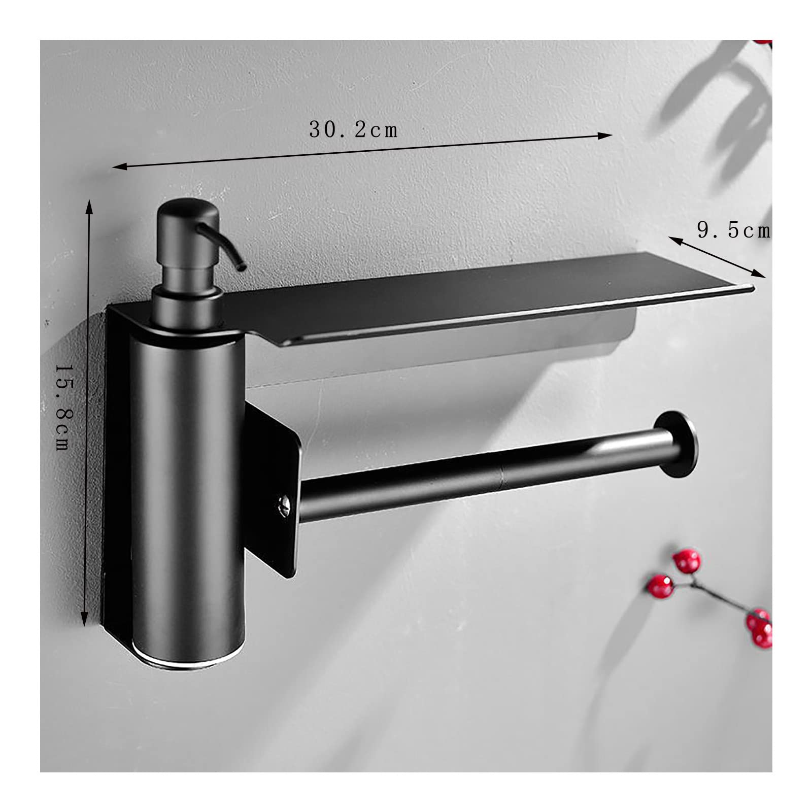 Portarrollos Papel Higienico, Porta Rollos de Papel Higienico Aluminio, Portarollos Papel Higienico Adhesivo con Espacioso Estante y Dispensador Jabon Baño, Multifunción Negro Mate