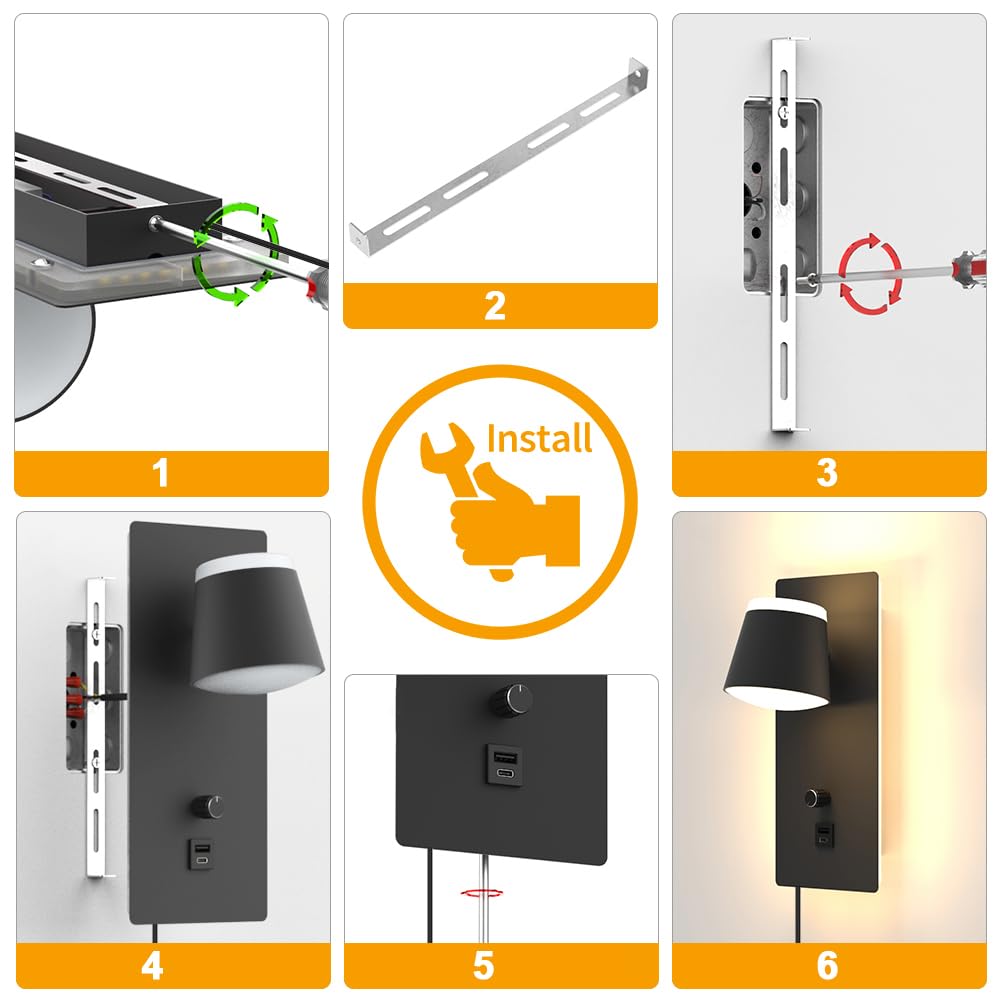 Sytmhoe Lampa ścienna do sypialni z przełącznikiem, wtyczką USB typu C, funkcja ładowania, 25 W, 2000 lm, ściemniana, nocna 3000 K, 6000 K, 4500 K, nowoczesna czarna lampa ścienna do wnętrz z kablem