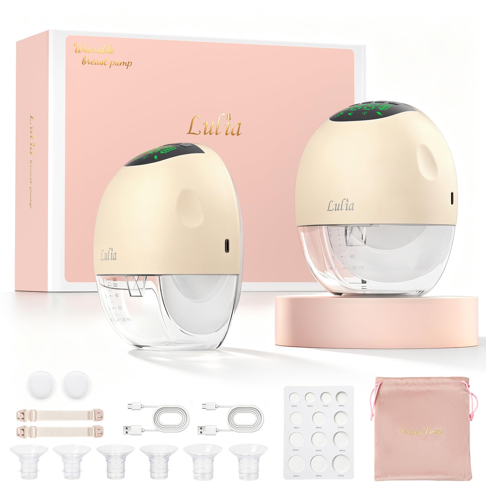 Lulia Electric Breast Pump, Wearable Breast Pump with 4 Modes and 9 Levels, Hands Free Breast Pump with 380mmHg Strong Suction, Leakproof and Low Noise, 17/19/21/24MM Flanges Included, 2 Pack, Apricot