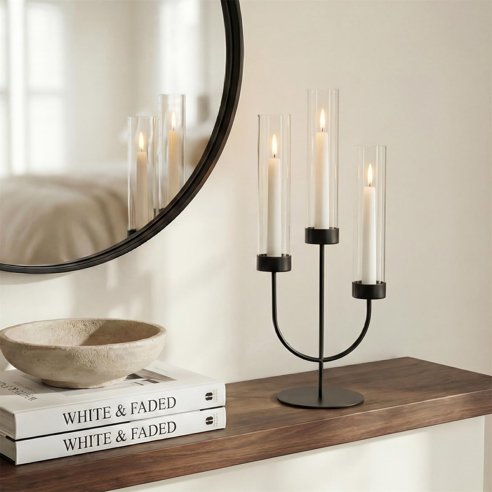 Sziqiqi Candelabro Nero: Portacandele a 3 Bracci con Vetro Hurricane per Centrotavola - Candelabro Gotico in Metallo per Decorazioni Halloween Esterno Cena Camino