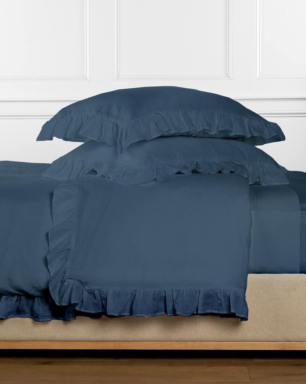 Drona Bedding 100% Egyptian Cotton Ruffle Modern Duvet Cover Set 3 Piece with Corner Ties 600 Thread Count Luxury 1 Duvet Cover (68x90 inches) 2