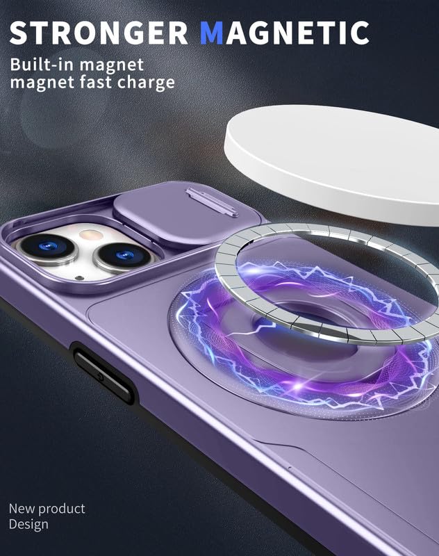 Image of LuxuryKase MagSafe Shockproof Rugged Back Case for iPhone 14 Plus | Finger Ring Kickstand & Sliding Camera Cover | Military Drop Protection | Wireless Charging Support - Purple
