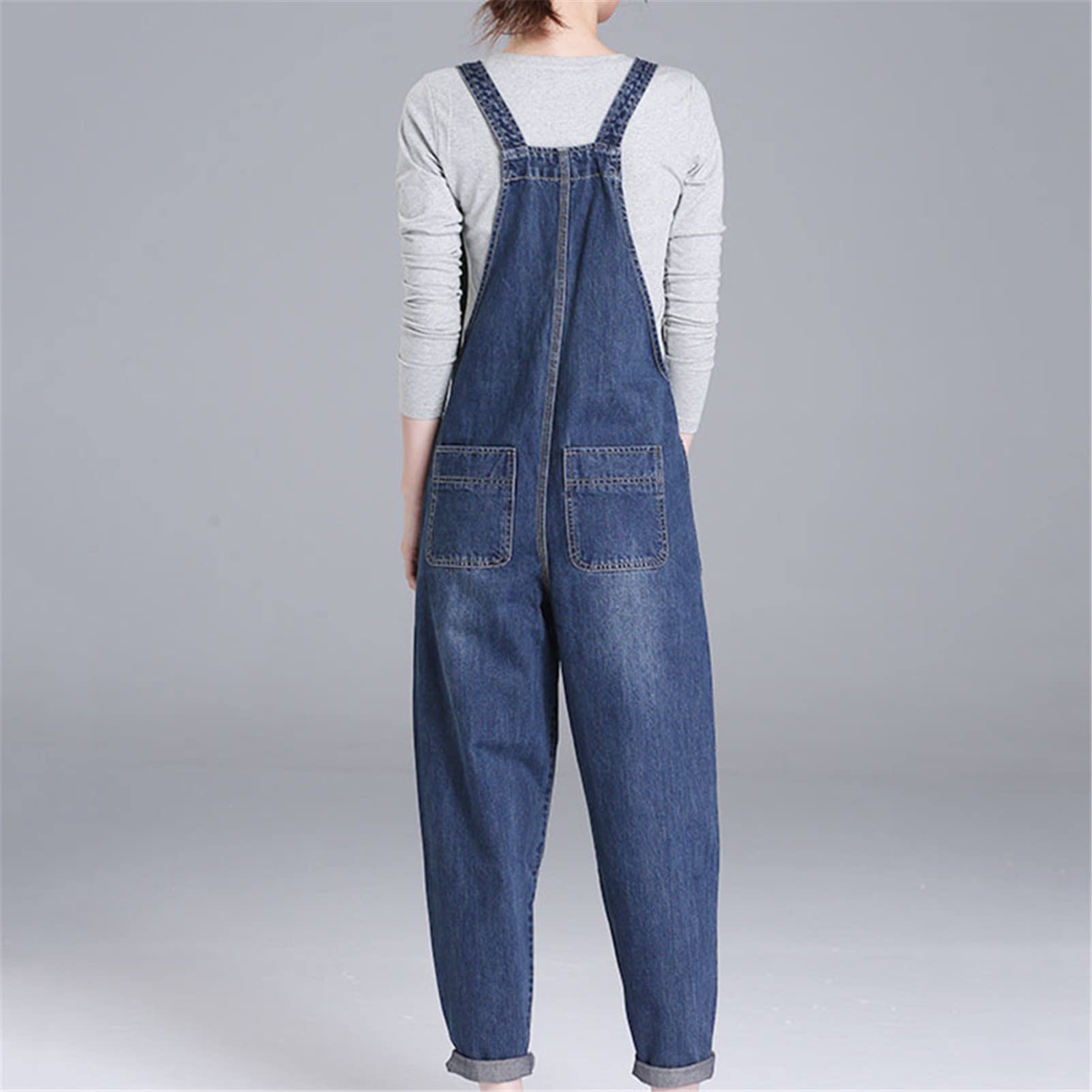 Damen-Jeans mit Tasche, Trägerhose, Schulterriemen, Overall, große Größe, Denim-Overall