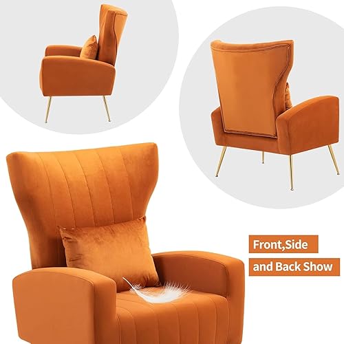 Miniatura 5 de Silla moderna de terciopelo para sala de estar, dormitorio, silla con respaldo alado con brazo y patas doradas, silla auxiliar de recepción de