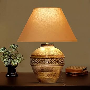 KAPOOR E-ILLUMINATIONS Cromwell Large Natural Carved Wood Table lamp with Beige Cotton Shade
