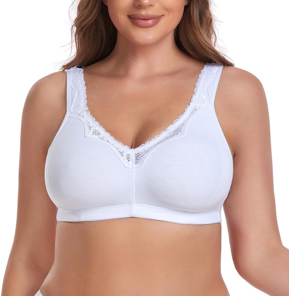 Women's Wireless Plus Size Lace Bra Full Coverage Unlined Cotton Minimizer Bra