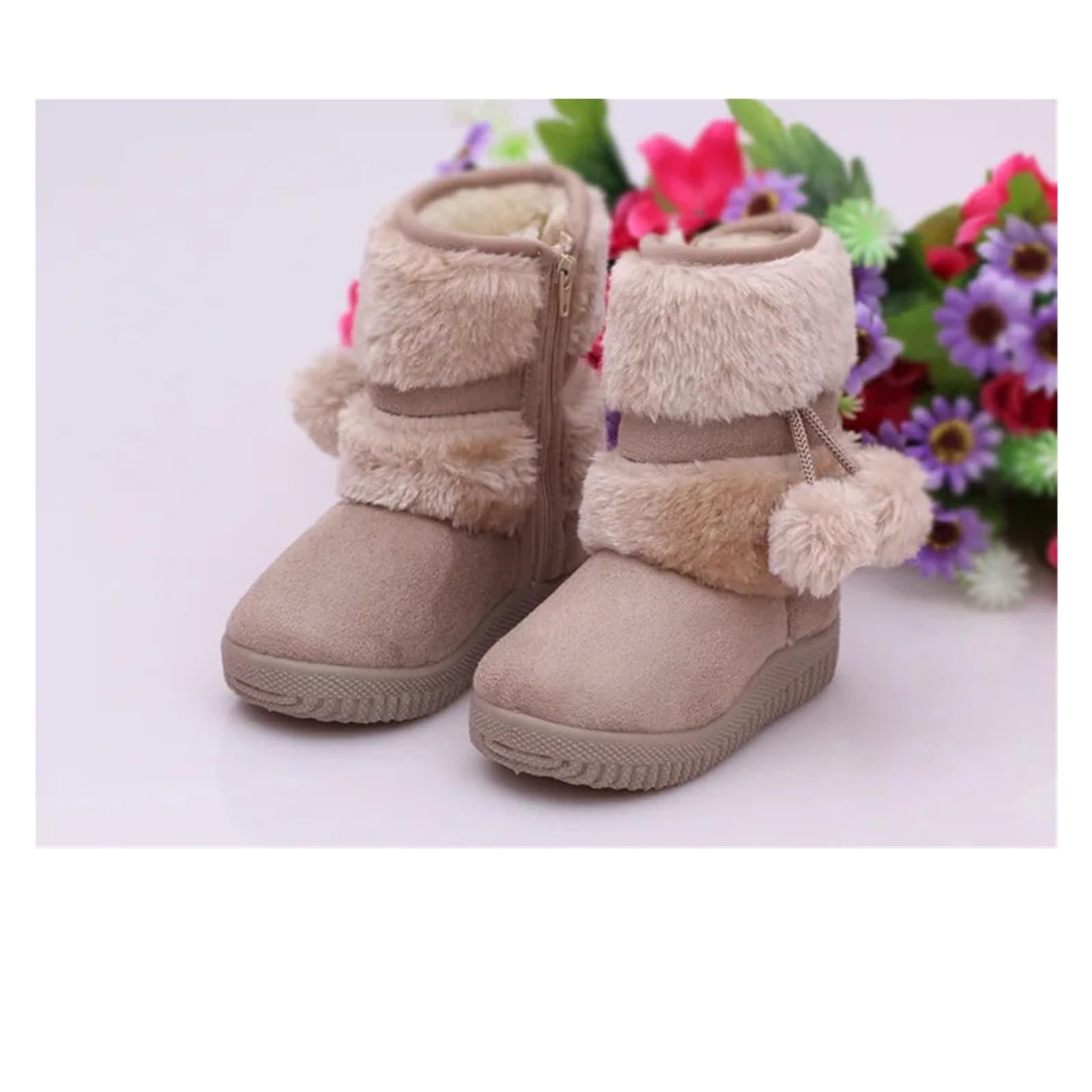 Girls Children Snow Boots – Comfortable Thick Warm Kids Boots with Lobbing Ball Design, Cute Autumn Winter Boots(Beige,21)