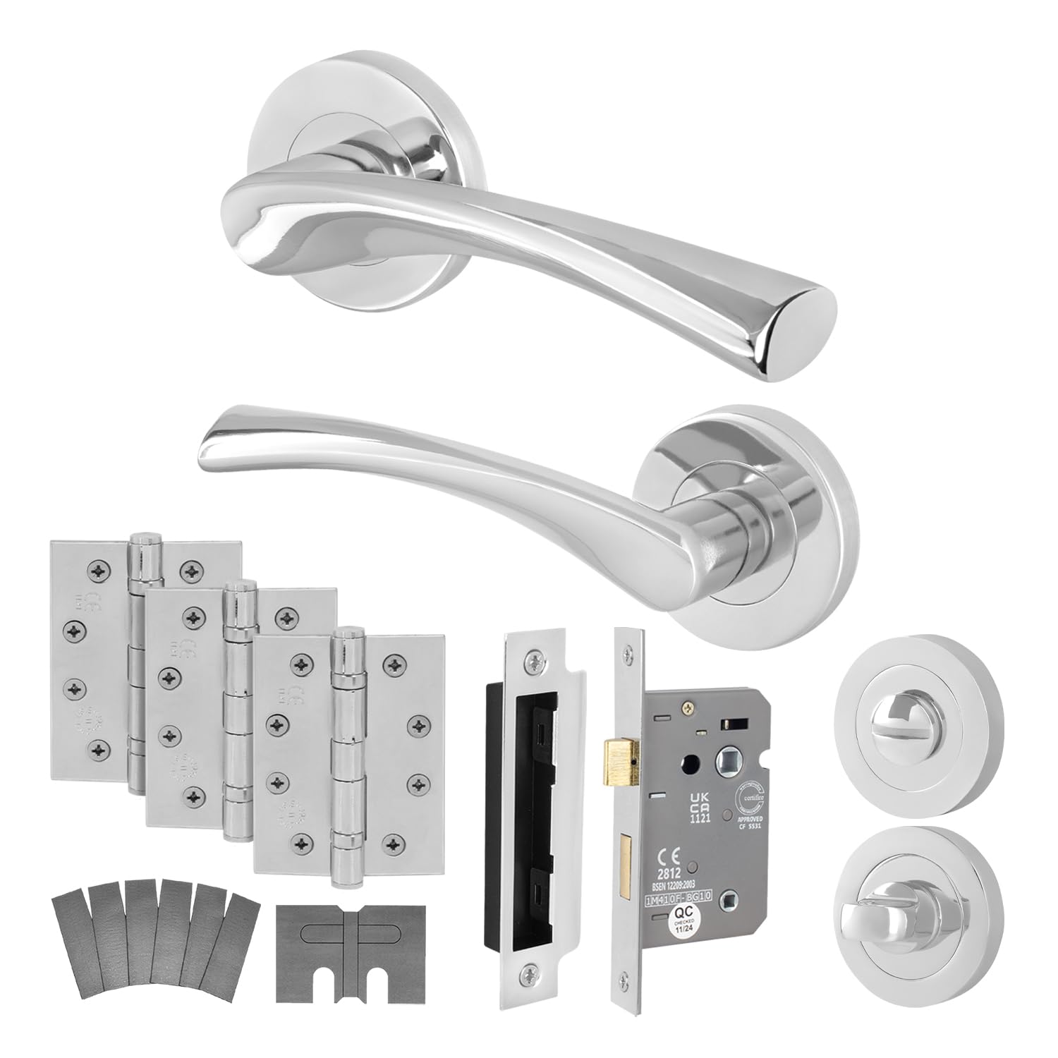 EAI Chrome Door Handles Fire Rated with Bathroom Lock 80mm, Hinges - Novoli