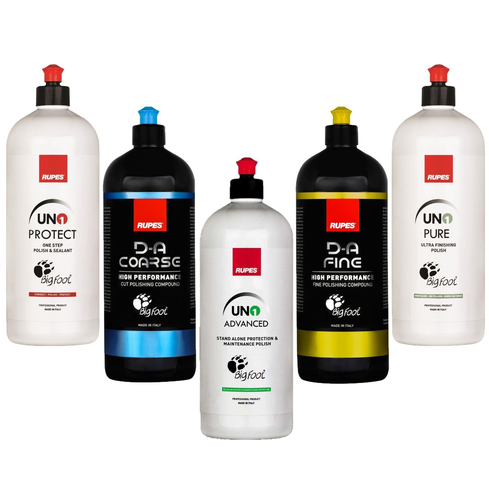 RUPES 5 Pack of High Performance Orbital Polishing Compounds - Includes 1 Liter Bottles of D-A Coarse, D-A Fine, UNO Protect, UNO Pure and Uno Advanced