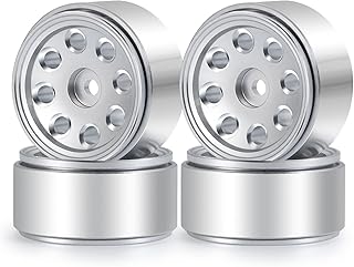 Que-T RC Beadlock Wheel Rims, 4pcs Wheel Hubs for 1/24 Axial SCX24 AXI90081 AXI00001 AXI00002 AXI000024 Upgrade (Bright Silver)