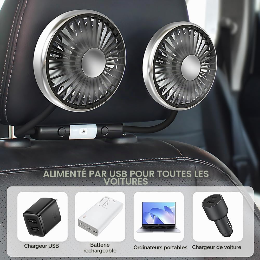 Ventilateur de voiture pour siège arrière, double tête, 12 V, rotation à 360 °, USB, avec 3 vitesses et 2 niveaux de luminosité, lumière LED pour camion, camionnette, SUV