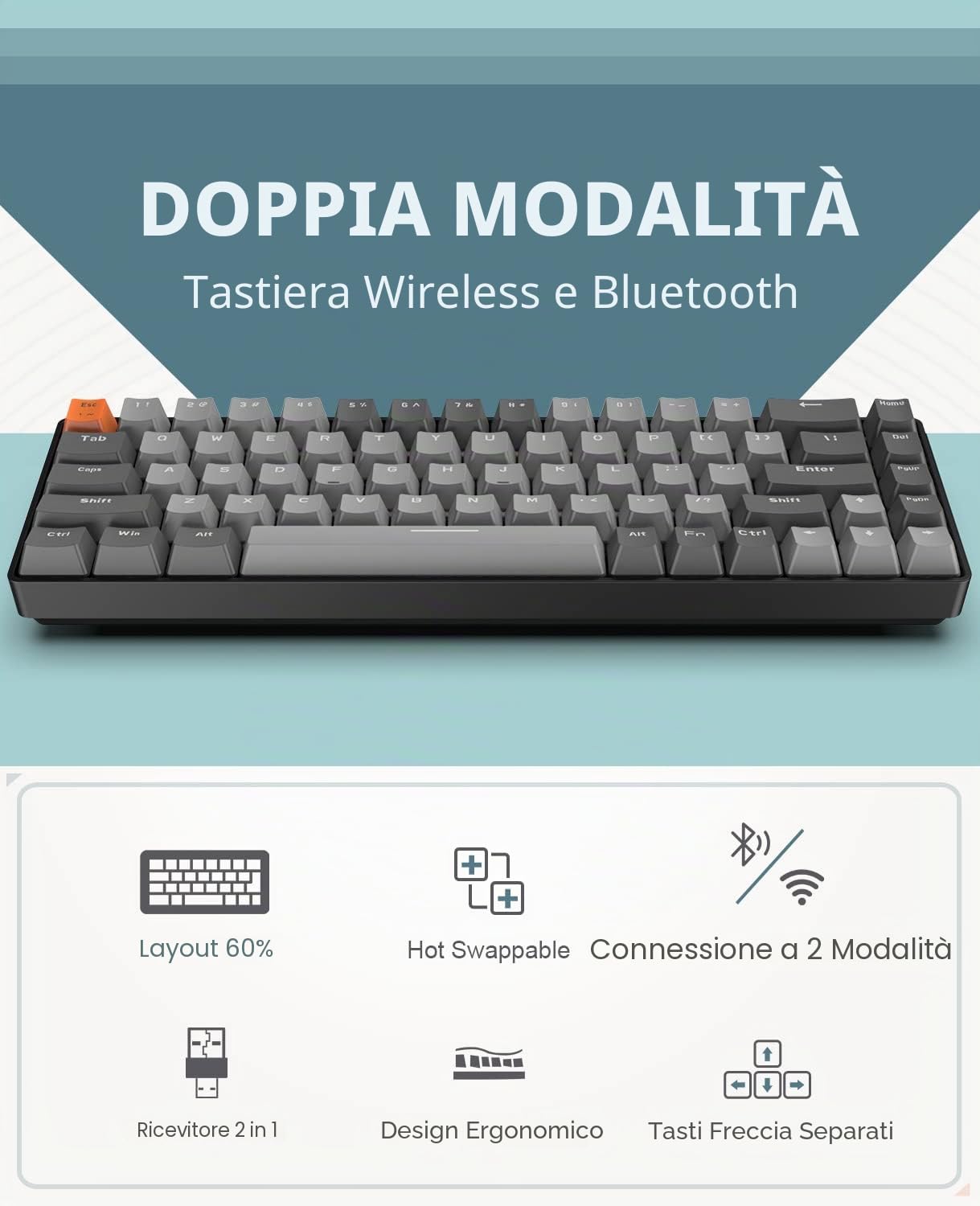MAGIC-REFINER RK68 Tastiera Gaming Meccanica, 60% Tastiera Wireless 2.4Ghz/Bluetooth 5.0, Apex Pro Mini Hot-Swappable 68 Tasti Interruttore Rosso Lineare con Ricevitore 2 in 1 per PC/MAC/Smartphone
