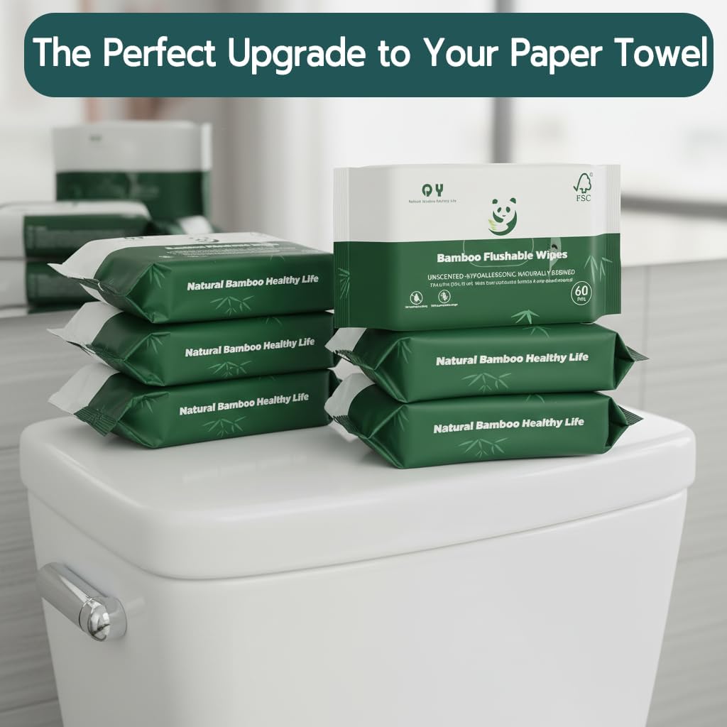Bamboo Flushable Wipes,Septic Safe,Soft, Soothing Botanicals & Aloe, Unscented,Eco Friendly, Natural Brown Bamboo-Pulp Based Flusable Wipes for Women/kids/Adults 360Count (6 Packs of 60)