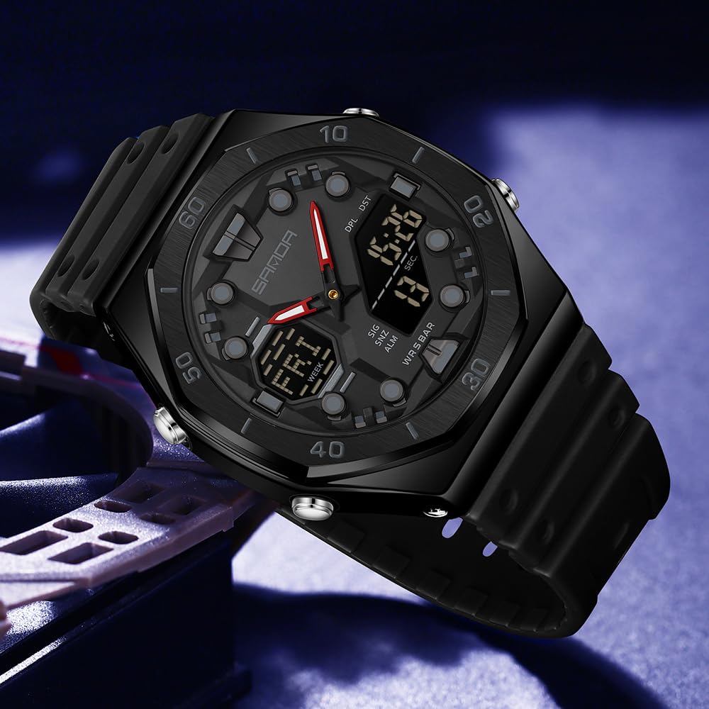 Gosasa Orologio sportivo da uomo, con doppio display, impermeabile, 5 atm, analogico, digitale, con luce notturna, cronometro, conto alla rovescia, sveglia, ora mondiale, cinturino in TPU