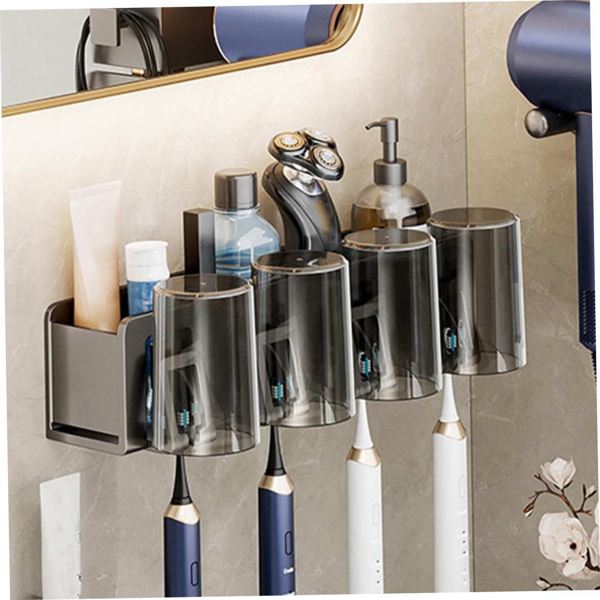 POPETPOP Porta Spazzolini da Muro in Alluminio Spaziale senza Fori Supporto per Bicchiere e Rasoi, Design Moderno e Semplice per Bagno Piastrelle in Ceramica o Vetro