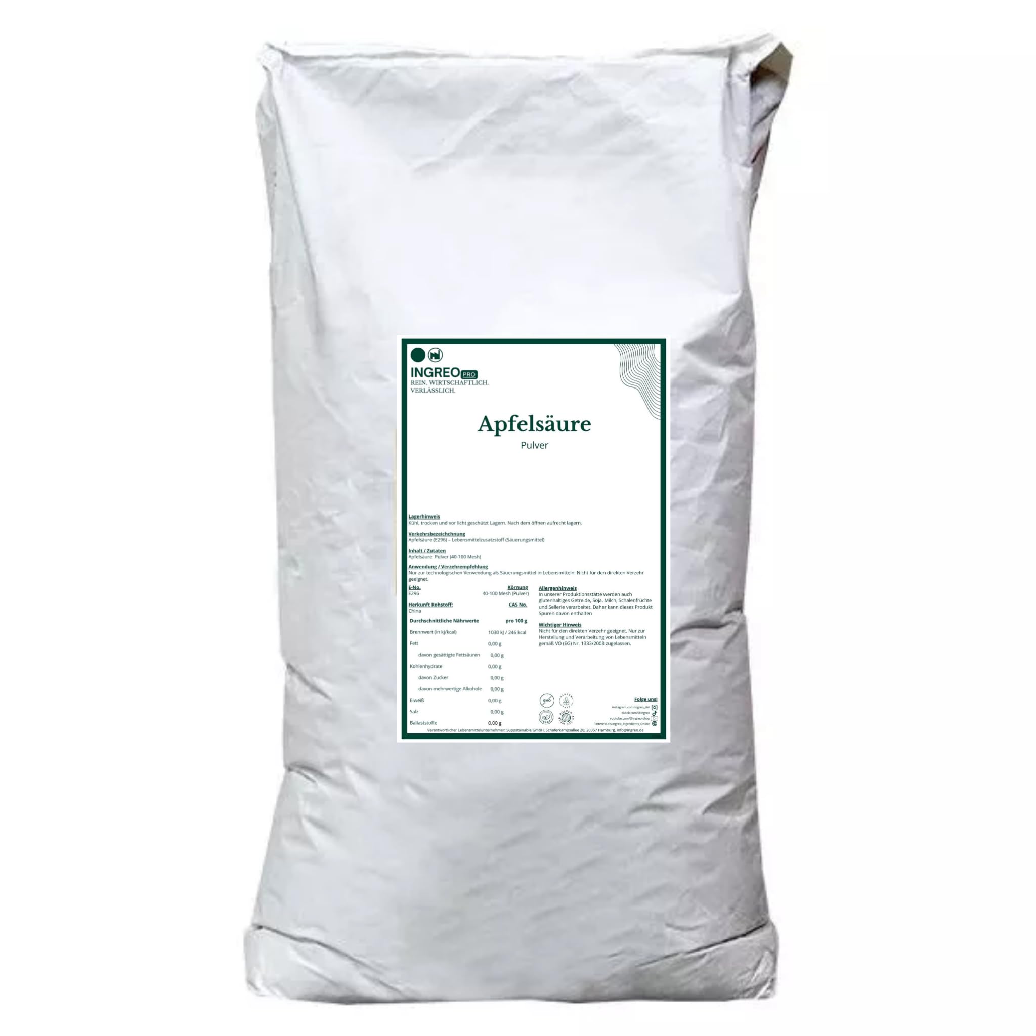 25 kg | Apfelsäure Pulver E296 | Malic Acid | Säuerungsmittel Lebensmittel | 40–100 Mesh | Getränke Süßwaren | Rohstoff | INGREO
