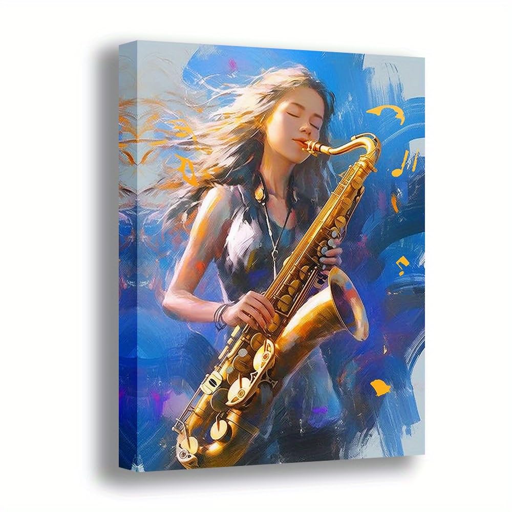 CWZBFEH Woman Playing Saxophone Music Inspired Art - Vibrant Blue & Golden Canvas for Living Room(55x75cm/No frame)