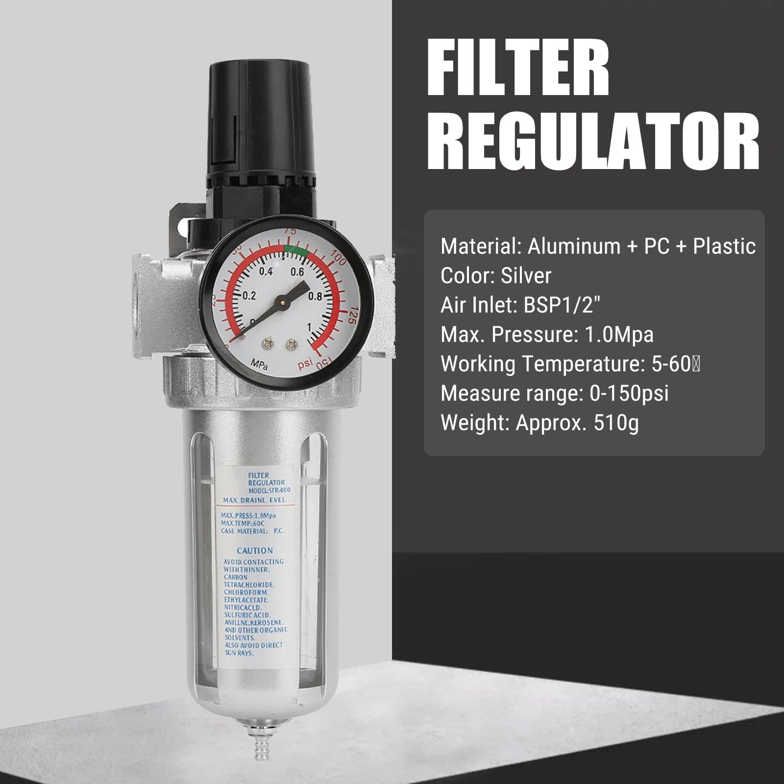 1/2" BSP Filtre Régulateur d'Air Comprimé, Regulateur de Pression d'air Filtre Compresseur Dair Détendeur d'air comprimé filtre à air Séparateur d'eau Réducteur de pression Avec Manomètre
