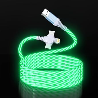 3-in-1 LED Light Up Flowing Multi iPhone Charger Cable,Lightning/Type C/Micro USB Car RGB Glowing Connector Cord for Apple iPhone 15/14/13/12/11 Pro Max/XR/XS/SE,iPad/Android/Samsung6.6FT/2M Green