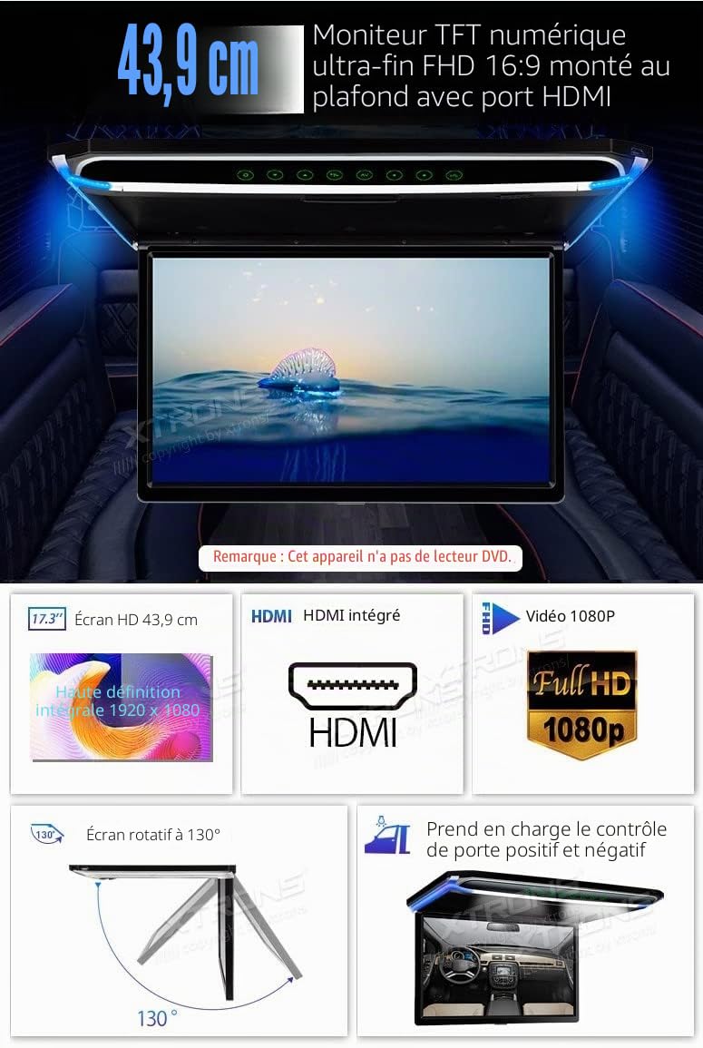 XTRONS® Écran TFT numérique ultra-mince Full HD 1080P avec port HDMI 1920/1080 Full High Definition pour montage sur le ciel de toit de voiture 17,3" et affichage 16/9