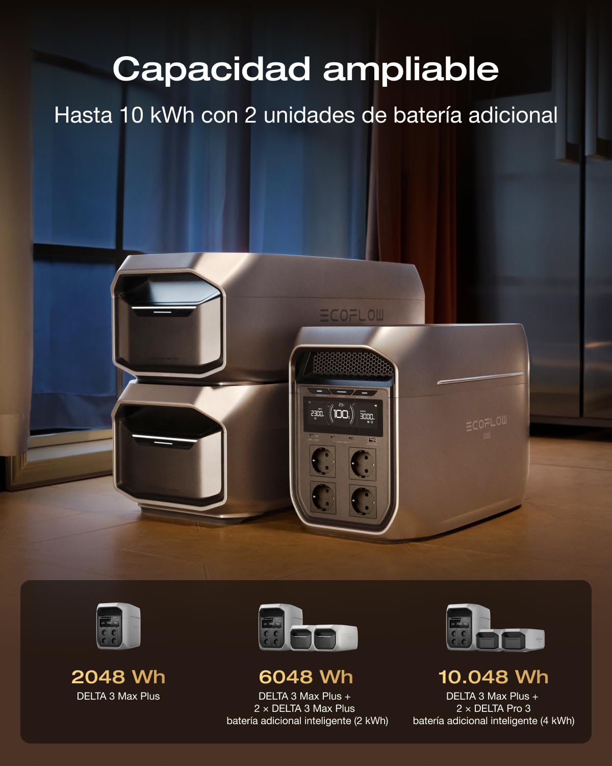 Estación de energía portátil ECOFLOW Delta 3 MAX Plus, 2048 WH, Ampliable a 10 kWh, LiFePO4, Salida CA 3000 W, Carga rápida 0–80% en 47 min, Respaldo SAI de 10 ms, generador Solar para hogar/Camping