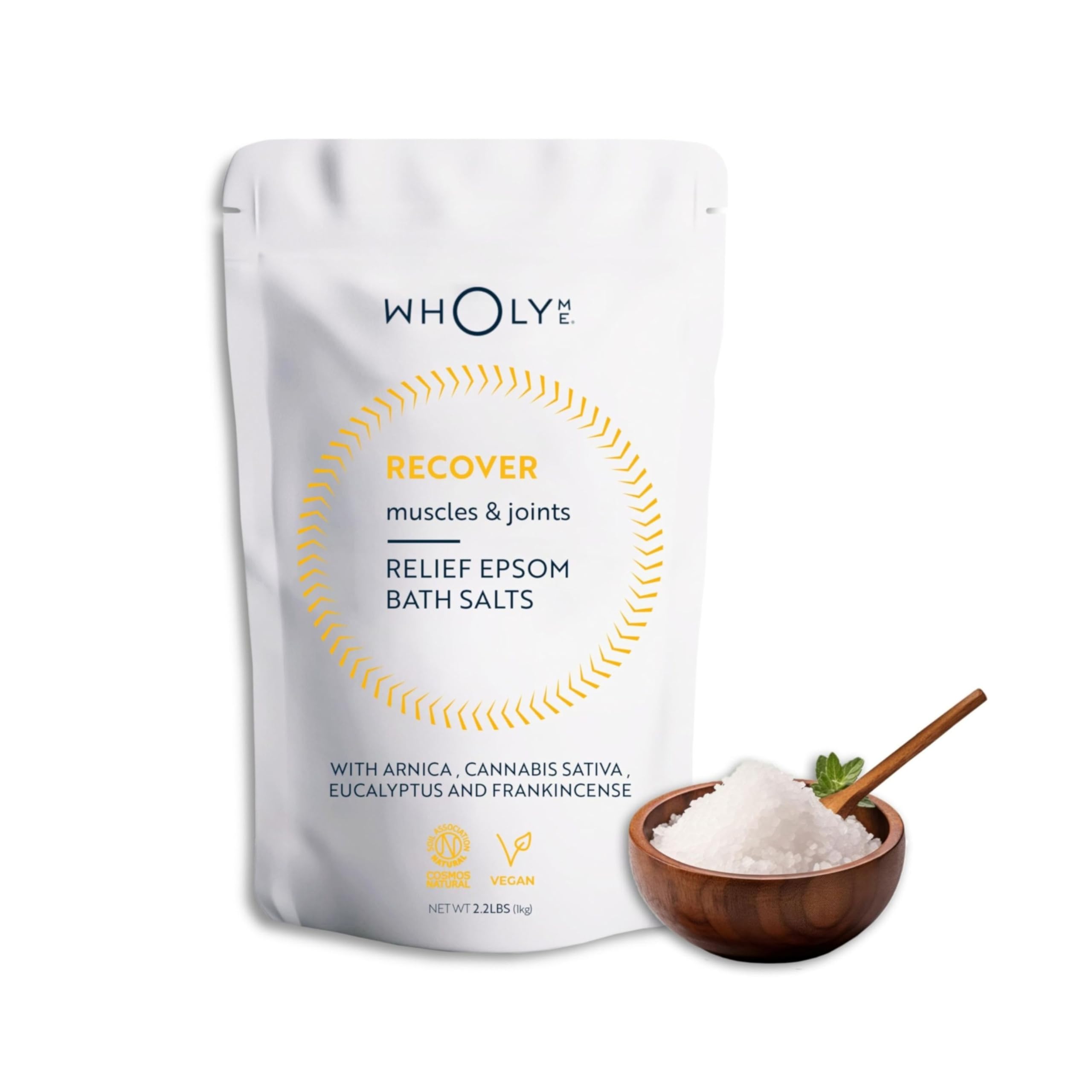 WholyMe Epsom Salt Bath Salts - Natural Bath Soak for Muscle and Joint Recovery with Arnica, Frankincense and Eucalyptus Essential Oil - Great for Post Workout and Relaxation - 35 Ounce (1Kg)