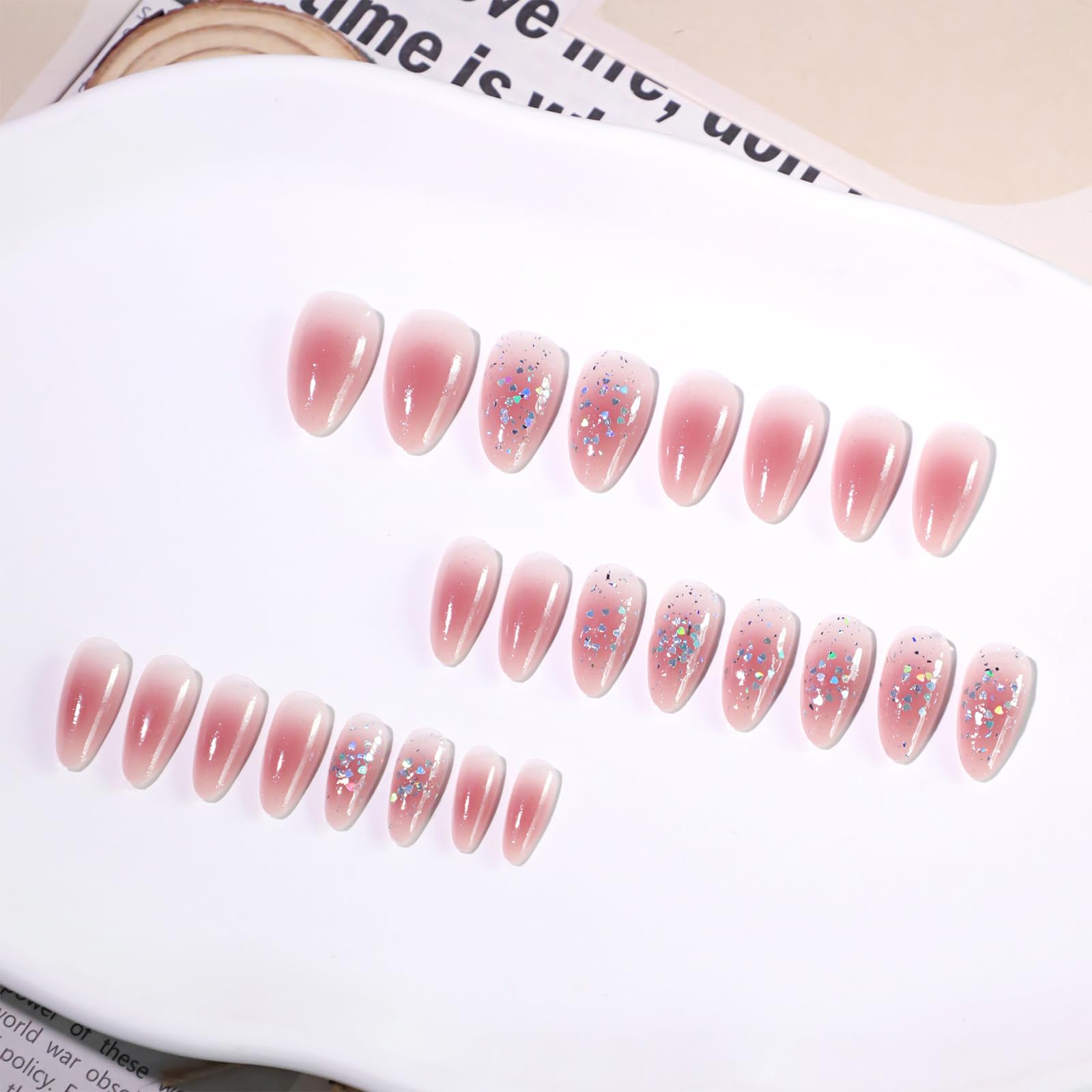 24Pcs Pink False Nails Short, Short Almond Press on Nails, Pink Press on Nails with Sparkles - Image 2