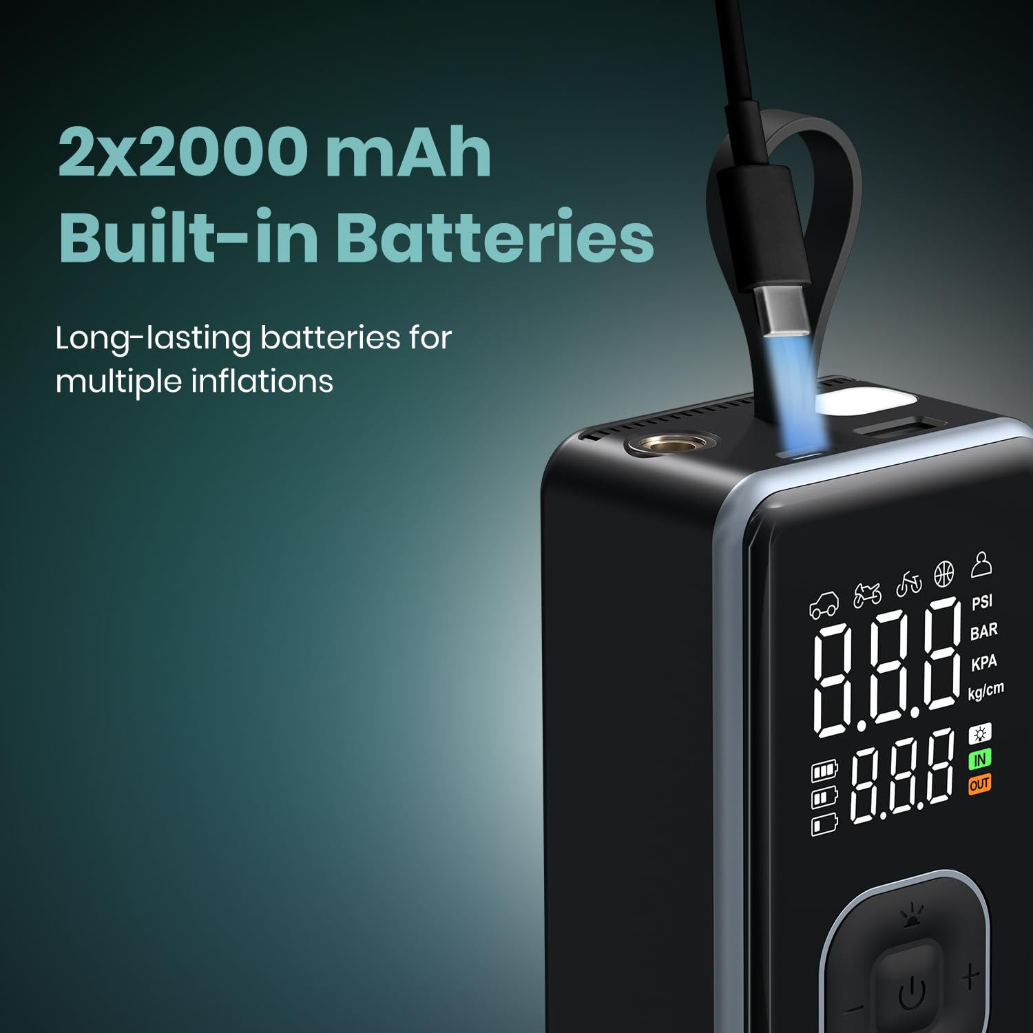 Portronics Vayu 8.0, Digital Rechargeable Tyre Inflator with In-Built Hanging Support, 2×2000mAh Batteries, Auto Shut Off, LED Light, SOS, Pressure Detection, Type-C Charging, for Car/Bike/Ball(Black) - Image 4 thumbnail