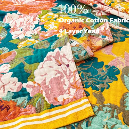 Boho Throw Blanket, 100% Organic Cotton Breathable Ultra Soft 60" x 80" Bed Quilt Throw - All Season Floral Rustic Farmhouse Decor Luxury Reversible Blanket for Sofa Couch Chair and Gift