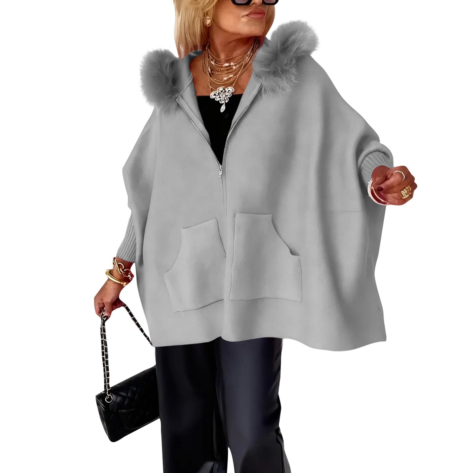 Generisch Kapuzenjacke Damen Oversize Strickjacke Fellkragen Übergangsjacke