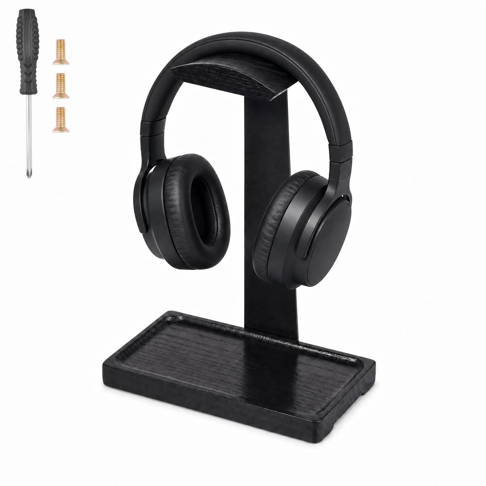 YUEKUNTJ Wooden Headset Stand for Desk, Walnut Headphone Stand, Wood Gaming Headphone Holder, Universal Headphones Rack with Tray, Headset Hanger Rest, with Storage Base Present for Men(Black)