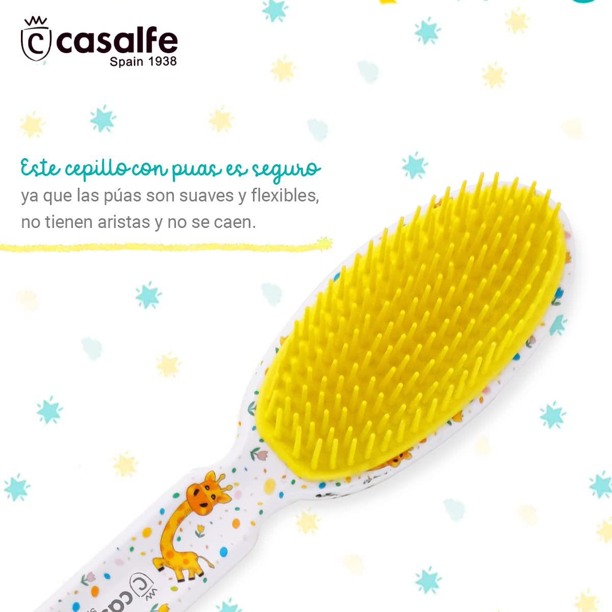 Brosse à cheveux pour bébé de 9 à 17 mois - Avec pointes souples et souples - Idéal pour nettoyer la côte lactée sans douleur ni inconfort - Sans BPA - Avec dessin de girafes - Ecofriendly - Casalfe