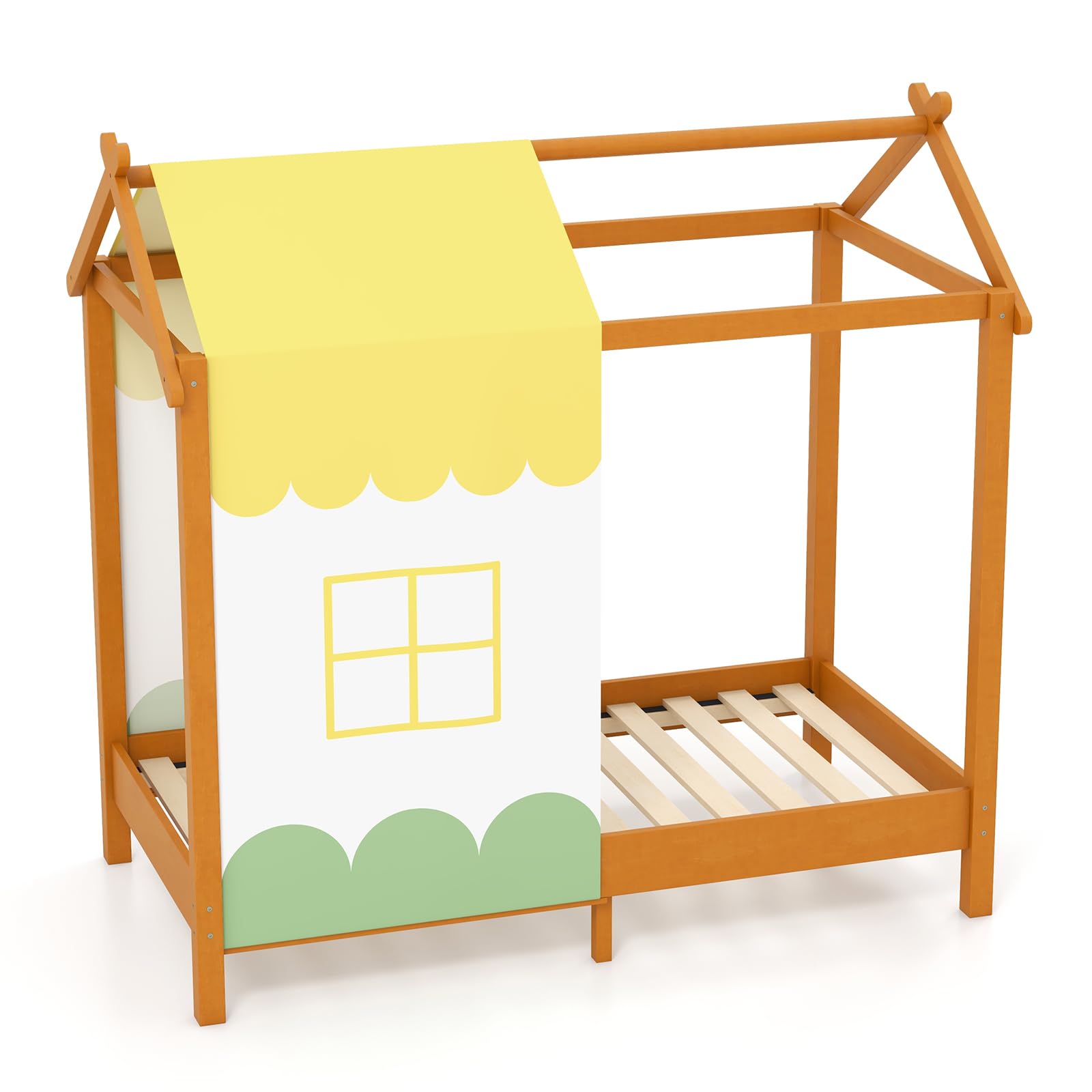 GOPLUS Lit Cabane Enfant 141x72CM, Lit à Baldaquin Enfants, Cadre de Lit Enfant Forme de Maison pour Bébés, Charge 100KG,pour Enfants 1-7 Ans