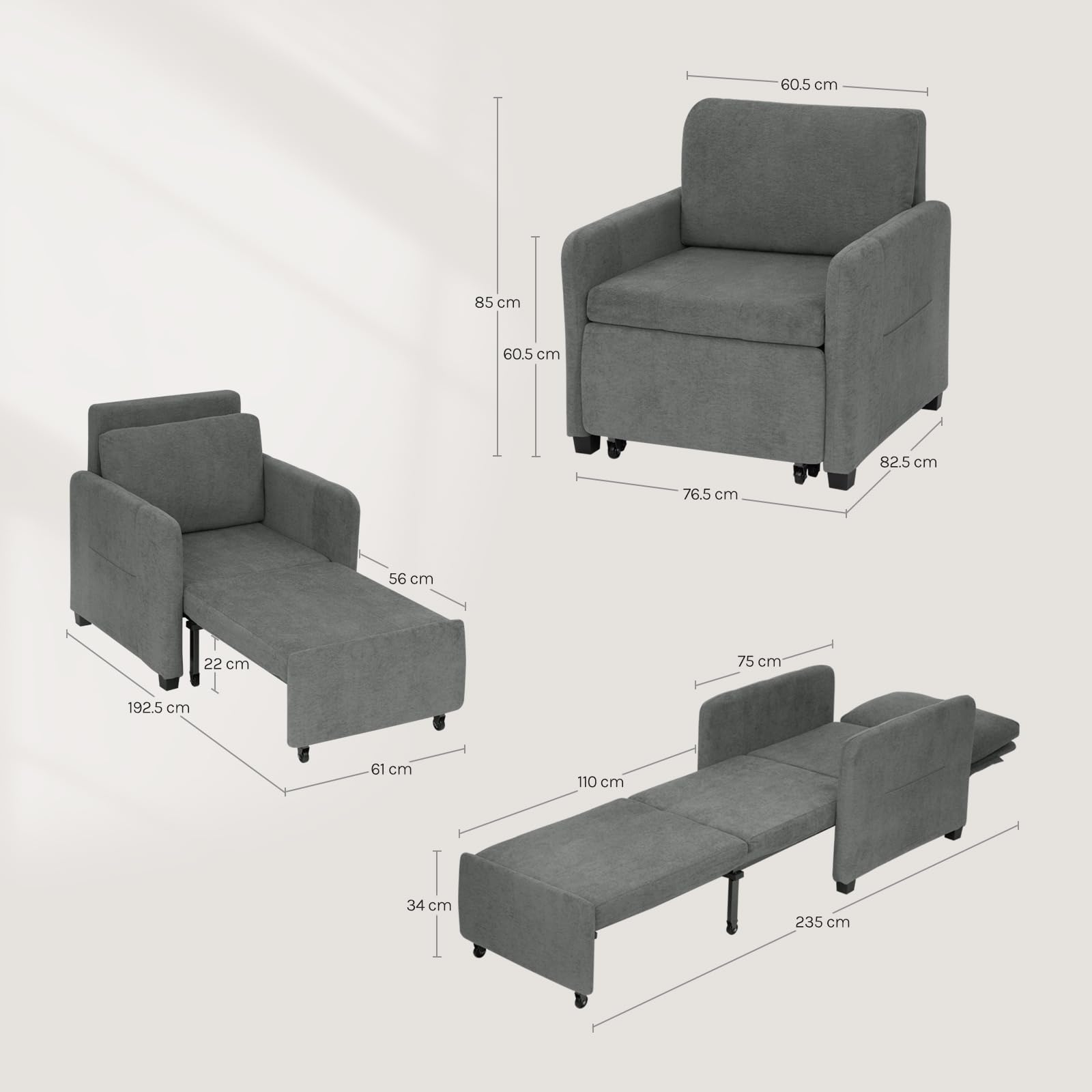 WOLTU 3-in-1 Schlafsessel, mit 5-Fach verstellbare Rückenlehne, Dunkelgrau | Schlafsofa mit Seitentasche, zu 235 cm verlängern, bequemer Lesesessel platzsparend, bis 150 kg, 76,5 x 85 x 82,5 cm