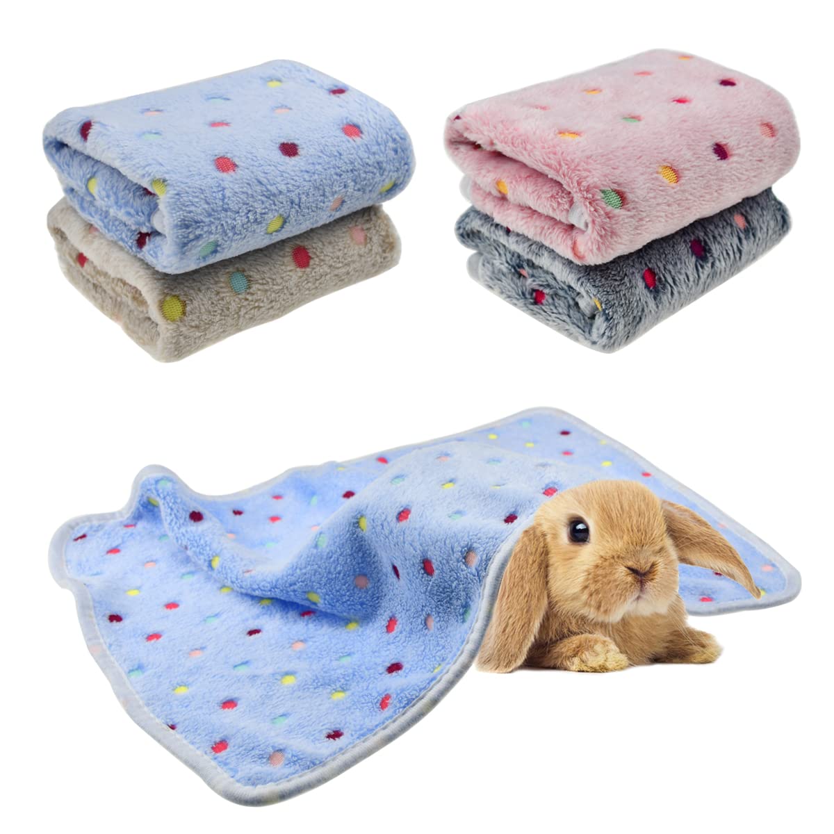 4 Pieces of Guinea Pig Blanket, Hamster Fleece Cage Liners Soft Warm Bunny Sleep Bedding Mat Cute Dot Pattern for Guinea Pig Hamster Rabbit Chinchilla Hedgehog (Blue, Pink, White, Grey)