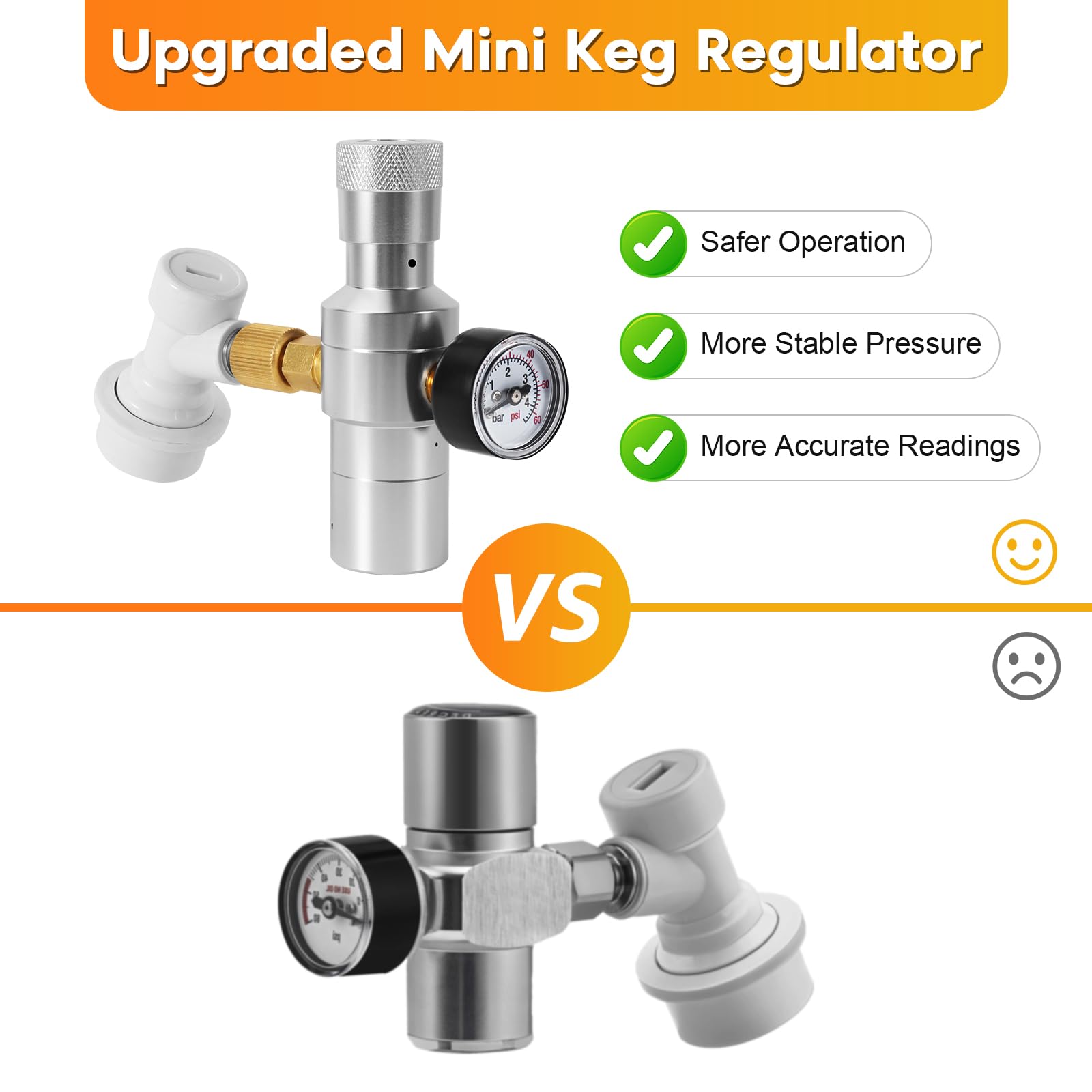 Upgrade Mini CO2 Regler & Kugelverriegelung Fass Tap Kit, 0-60 PSI Dual Hold Stabiler Mini Fass Regler, Edelstahlkern Selbstschließender Bierhahn mit Kugelverriegelung Trenner für Corny Fass