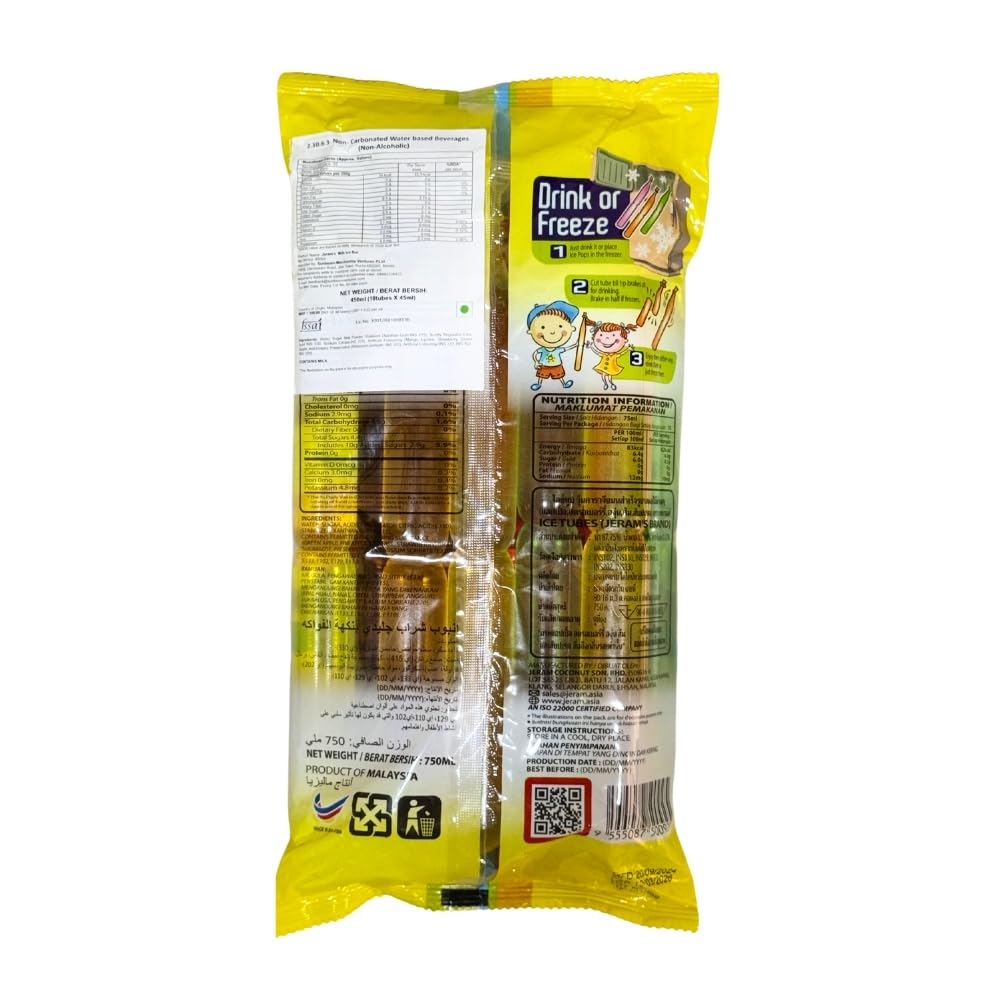 Jeram's Fruit Flavoured Ice Tubes | 10pcs x 75ml (750ml) | Assorted Flavours - Green Apple, Pineapple, Strawberry, Orange & Grape | Freeze & Enjoy as Ice Pop | Ready-to-Eat | Imported from Malaysia - Image 3 thumbnail