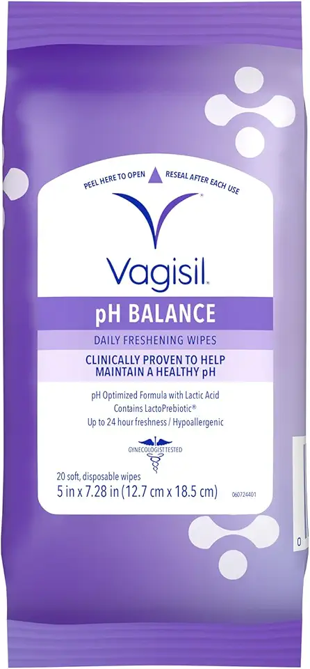 Vagisil pH Balance Daily Freshening Wipes for Feminine Hygiene in Resealable Pouch, Gynecologist Tested &amp; Hypoallergenic, 20 Wipes (Pack of 1)