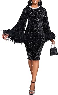 Sexy Elegant Sequin Long Flared Sleeve Feather Pearls Embellished Bodycon Midi Dress Formal Party Evening Gown - Buy now