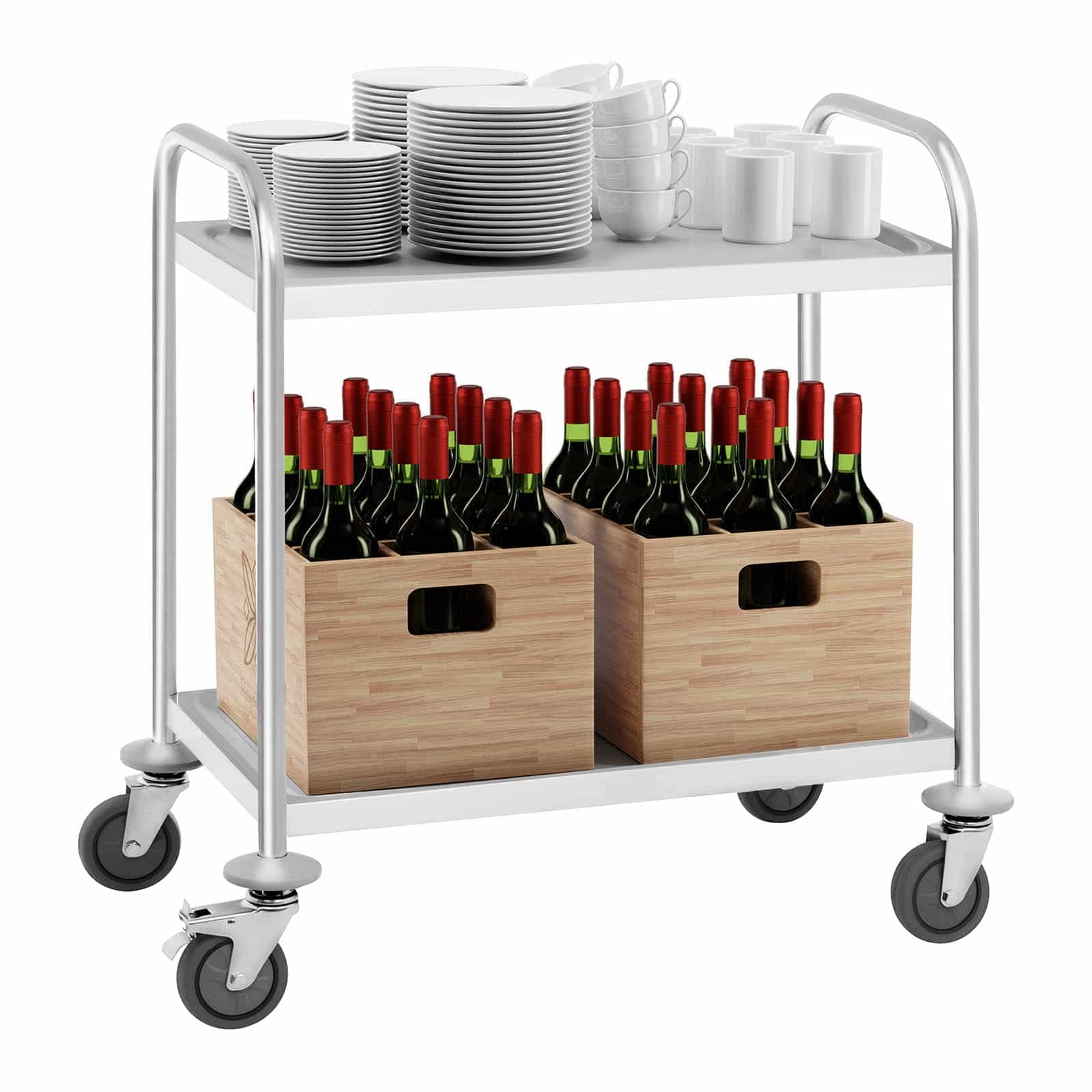 Royal Catering RCSW 2.1H Chariot de Service en Acier Inoxydable avec roulettes Chariot de Transport à 2 Bords (capacité de Charge : 150 kg, espacement des tablettes : 45,5 cm)