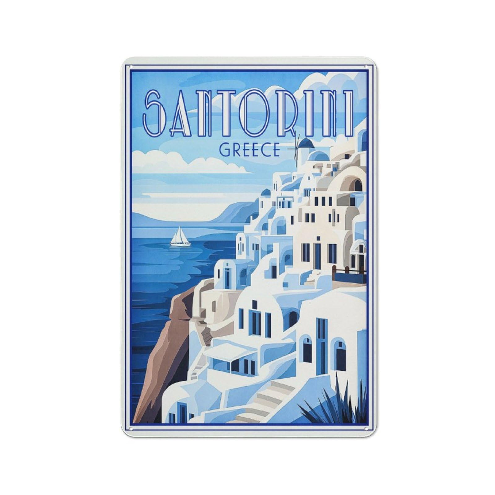 Casual Santorini Greece Retro Shed Metal Sign 30x20cm, Shed Wall Decor for Greenhouse, Garden Room, Cafe Or Entryway