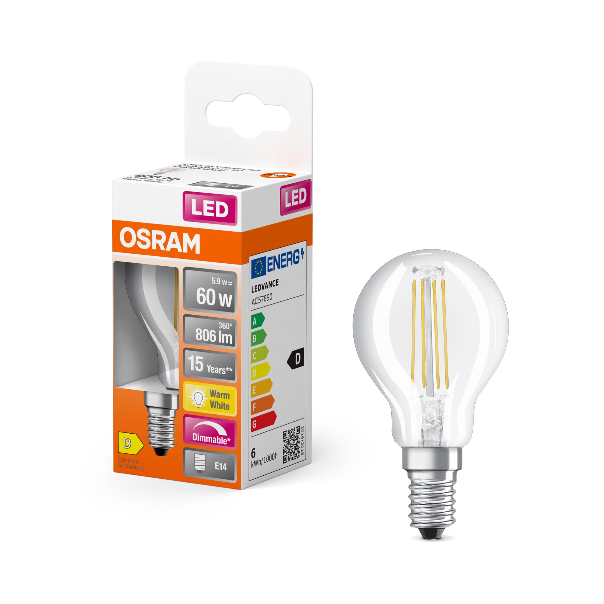 Osram Dimmbare Filament LED Lampe mit E14 Sockel, Warmweiss (2700K), Tropfenform, 6.5W, Ersatz für 60W-Glühbirne, klar, LED Retrofit CLASSIC P DIM, Warmweiß