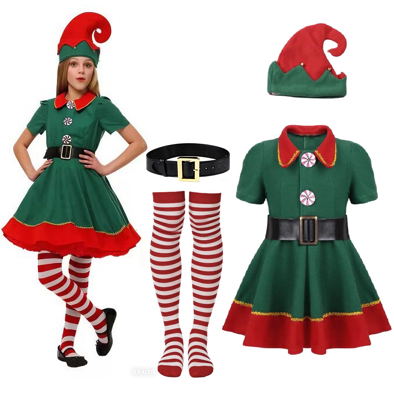 WFKKMEQ Green Christmas Elf Costume, Santa Helper Cosplay Set, 4 Piece Xmas Elf Outfit, Christmas Fancy Dress